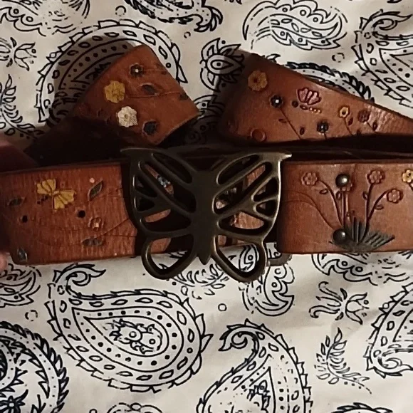Lucky Brand Hand Painted Leather Butterfly Belt LUCKY BRAND leather belt Brown with Stamped Butterflies size  main image 3
